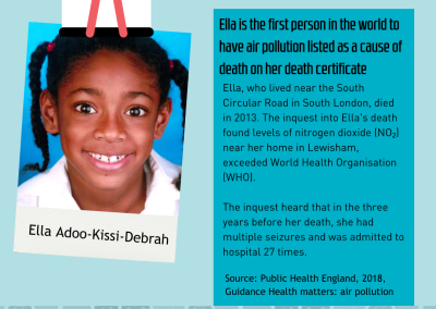 Photo of Ella Adoo-Kissi-Debrah. Ella is the first person in the world to have air pollution listed as a cause of death on her death certificate. Ella, who lived near the South Circular Road in South London, died in 2013. The inquest into Ella's death found levels of nitrogen dioxide (NO₂) near her home in Lewisham, exceeded World Health Organisation (WHO). The inquest heard that in the three years before her death, she had multiple seizures and was admitted to hospital 27 times.