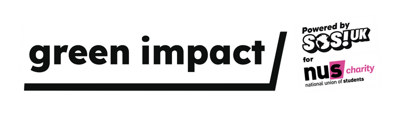 2025 GI logo w SOS NUS bw Green Impact logo showing powered by SOS UK for NUS charity