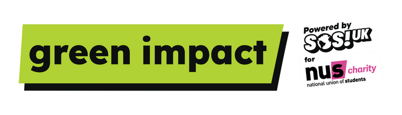 2025 GI logo w SOS NUS Green Impact logo showing powered by SOS UK for NUS charity