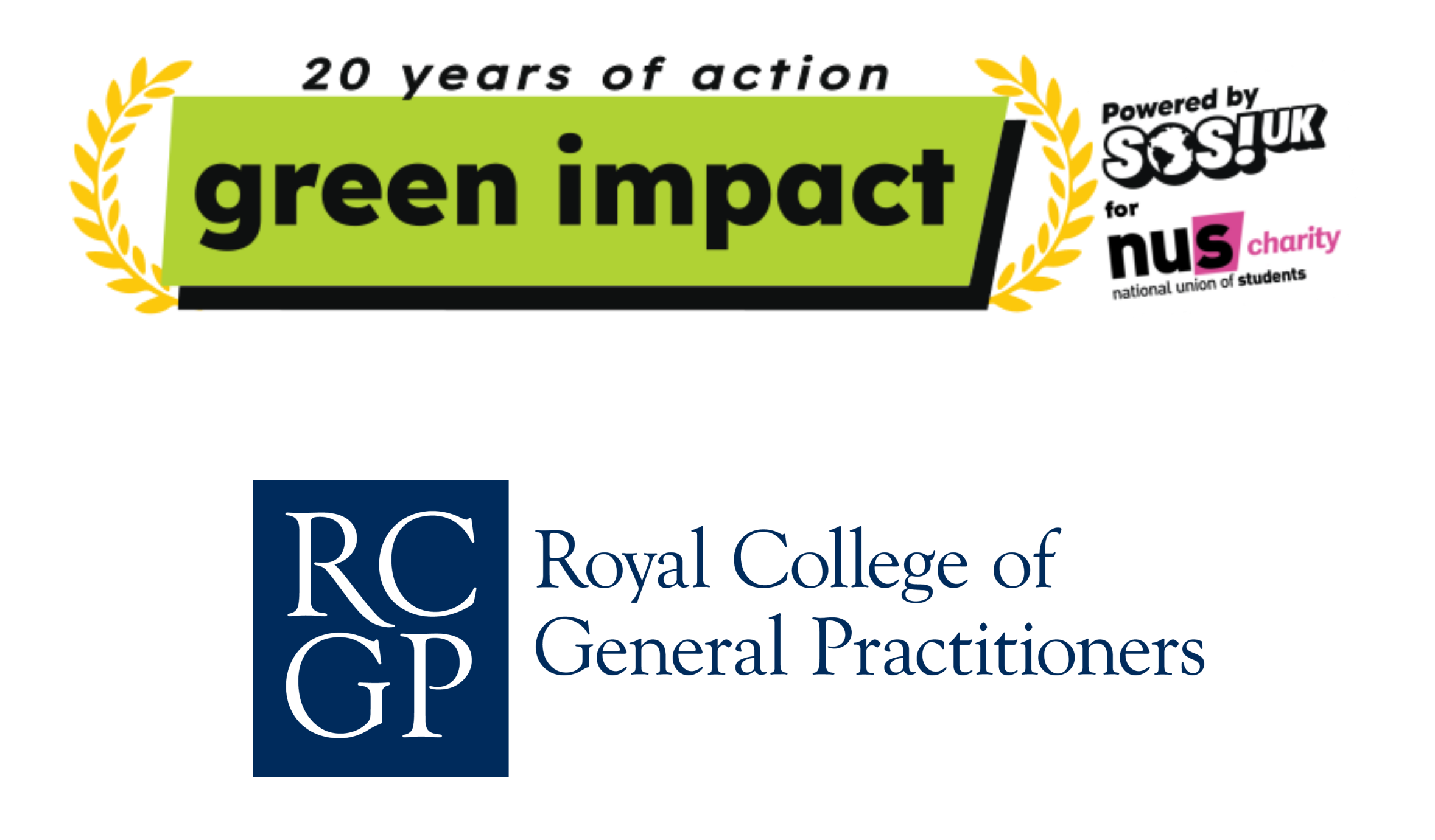 Green Impact logo, reading 20 years of action, and the Royal College of General Practitioners logo